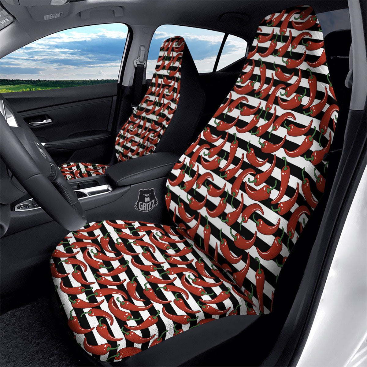 Striped Chili White And Black Print Car Seat Covers-grizzshop