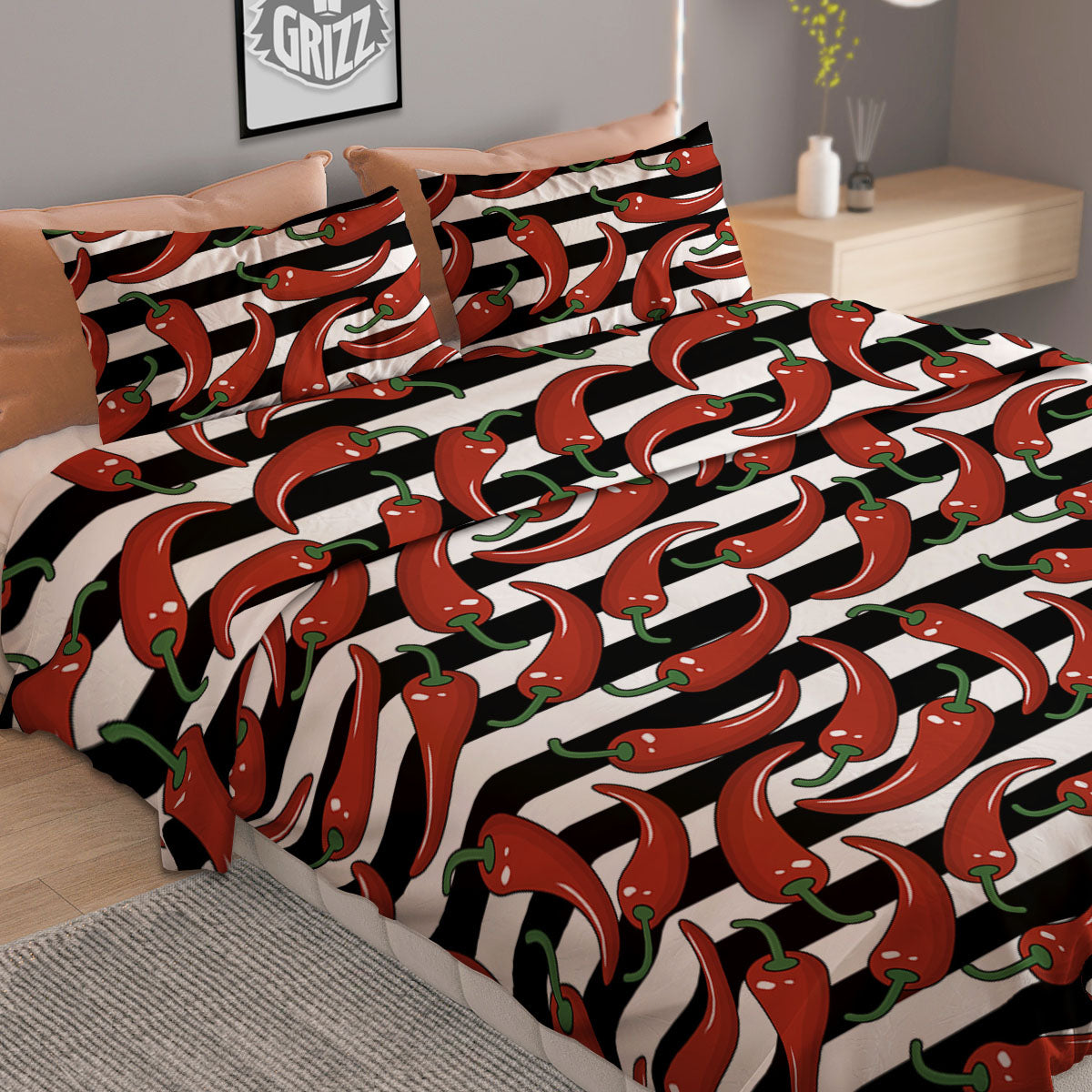 Striped Chili White And Black Print Duvet Cover Bedding Set