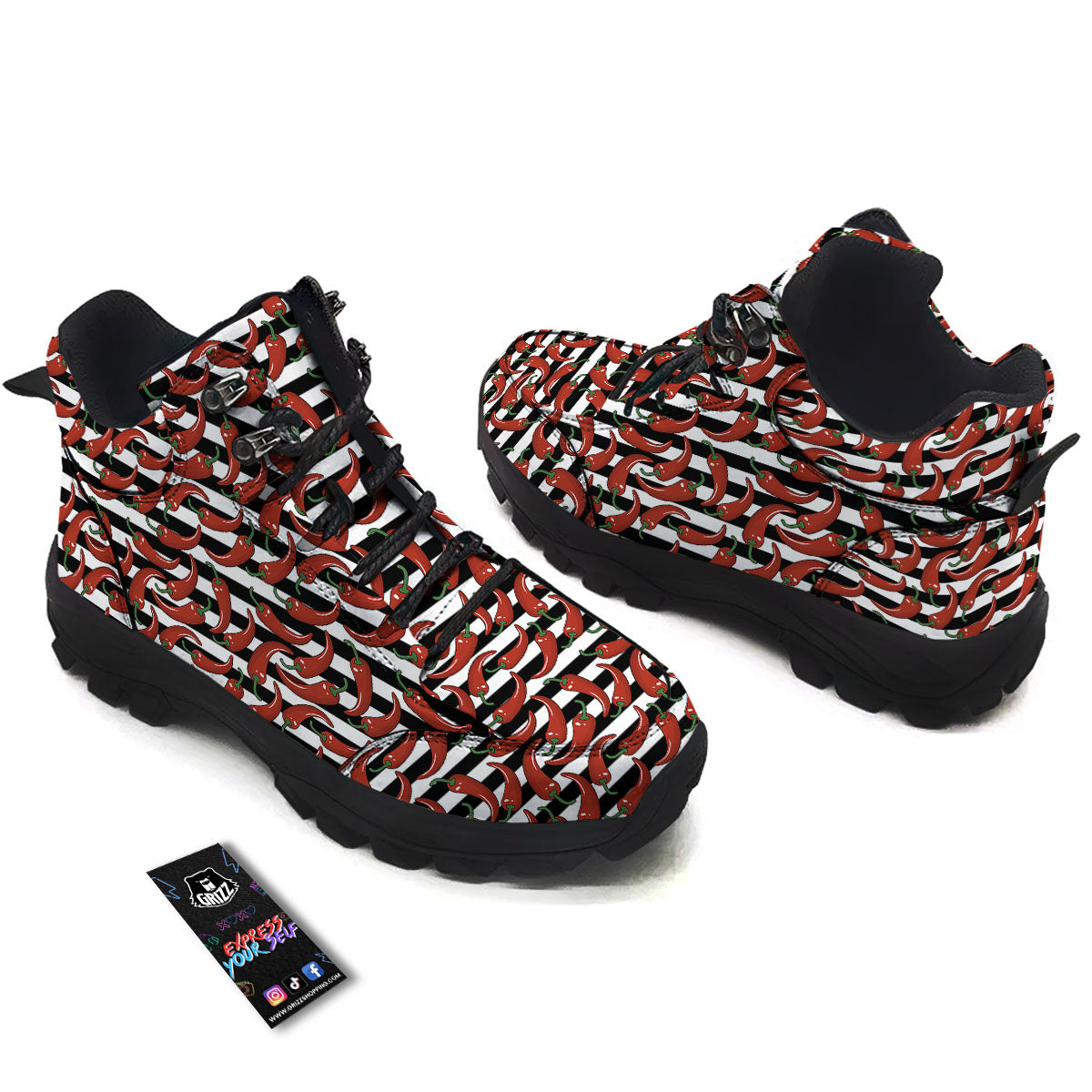 Striped Chili White And Black Print Hiking Shoes-grizzshop