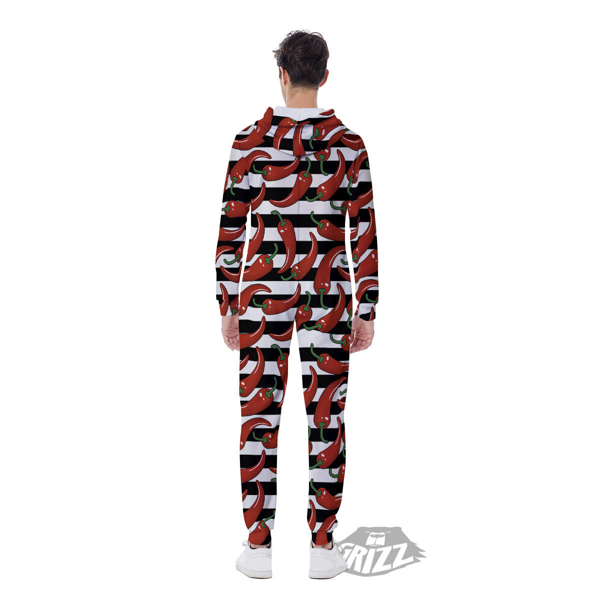 Striped Chili White And Black Print Men's Jumpsuit-grizzshop