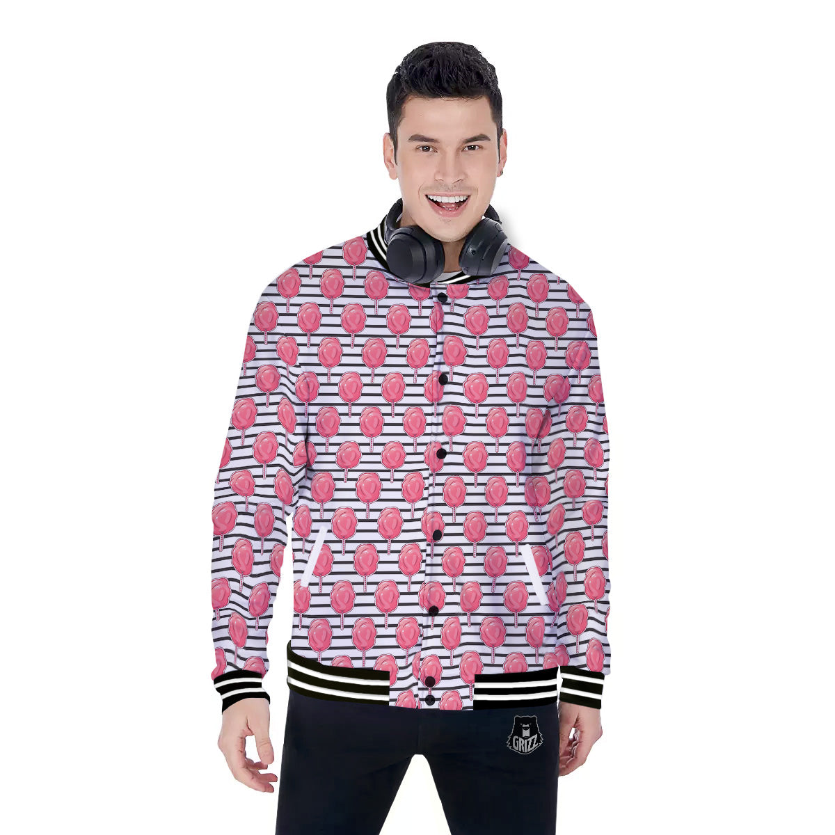 Striped Cotton Candy Print Pattern Baseball Jacket-grizzshop