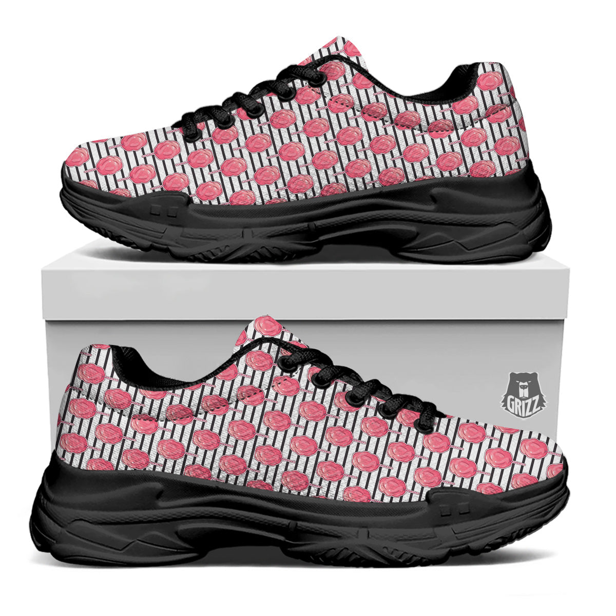 Striped Cotton Candy Print Pattern Black Chunky Shoes-grizzshop