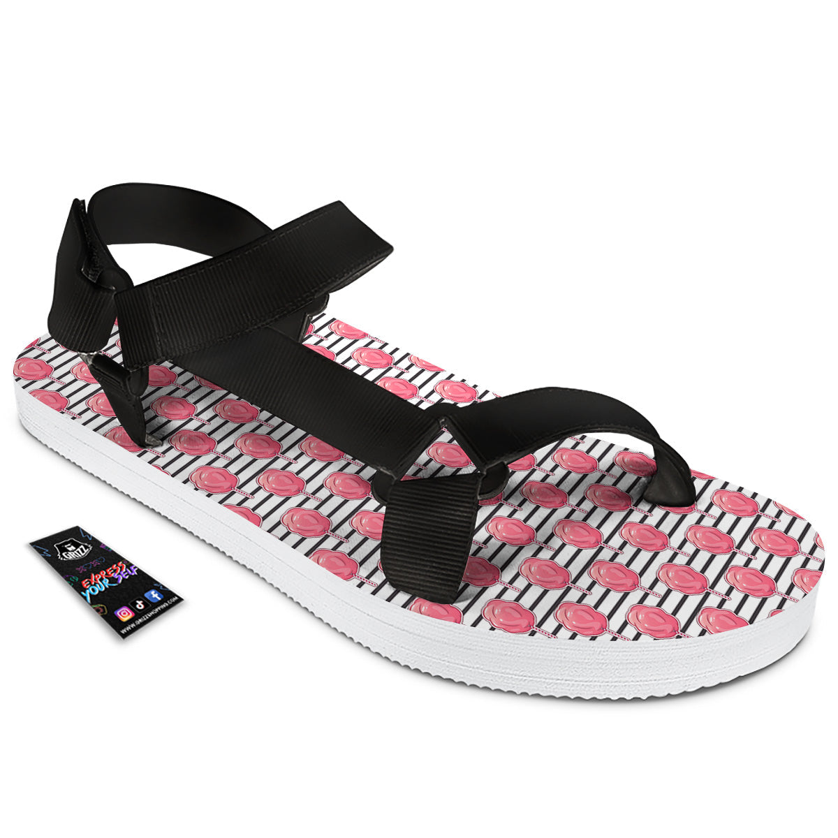 Striped Cotton Candy Print Pattern Black Open Toe Sandals-grizzshop