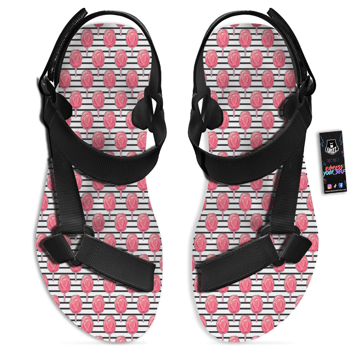 Striped Cotton Candy Print Pattern Black Open Toe Sandals-grizzshop