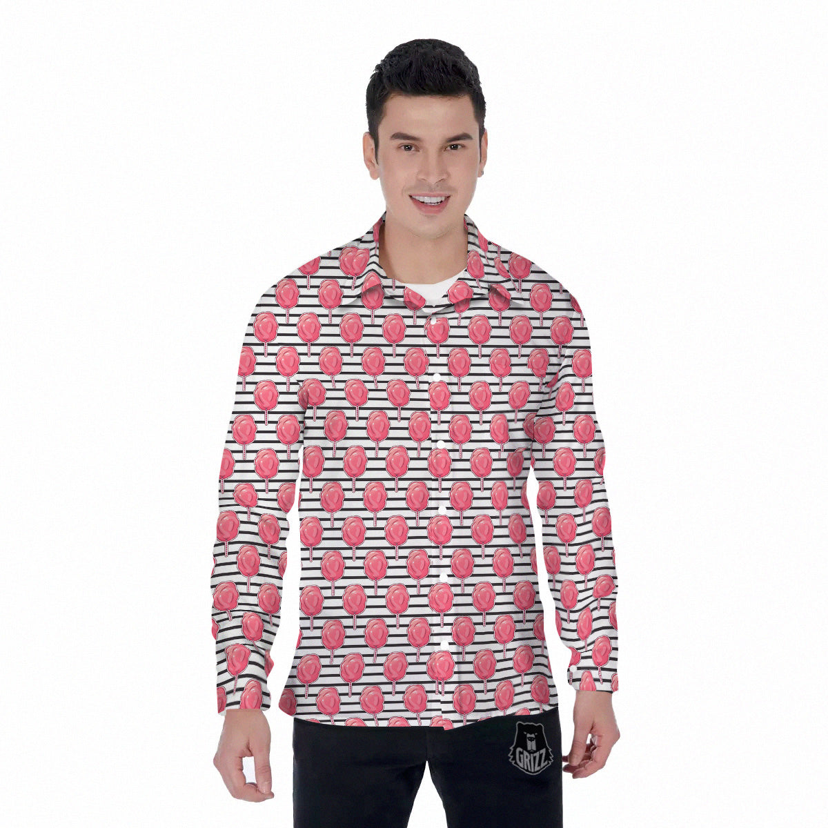 Striped Cotton Candy Print Pattern Men's Long Sleeve Shirts-grizzshop