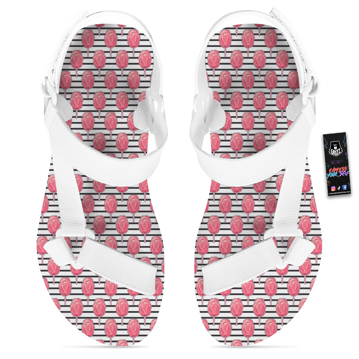 Striped Cotton Candy Print Pattern White Open Toe Sandals-grizzshop