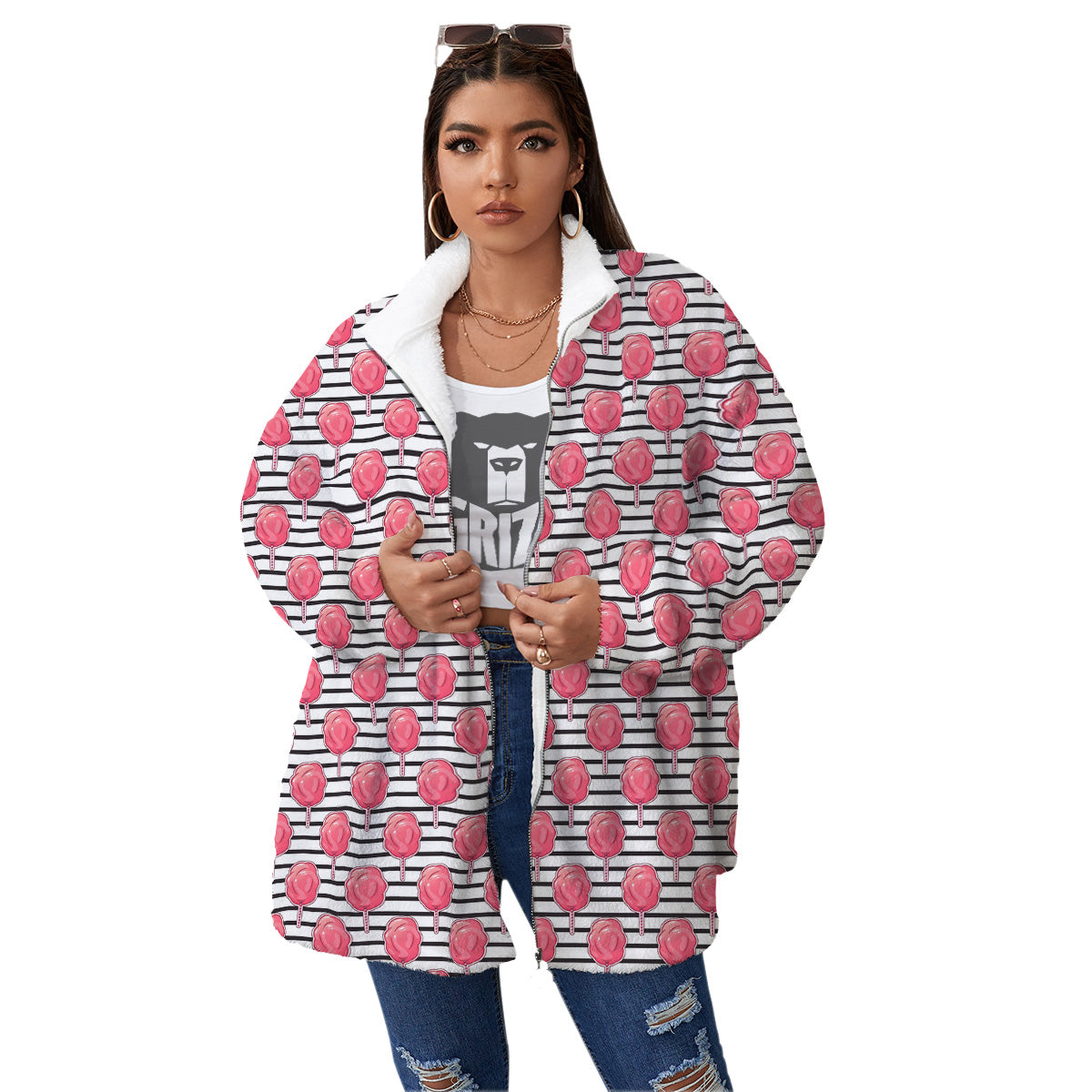 Striped Cotton Candy Print Pattern Women's Sherpa Jacket-grizzshop