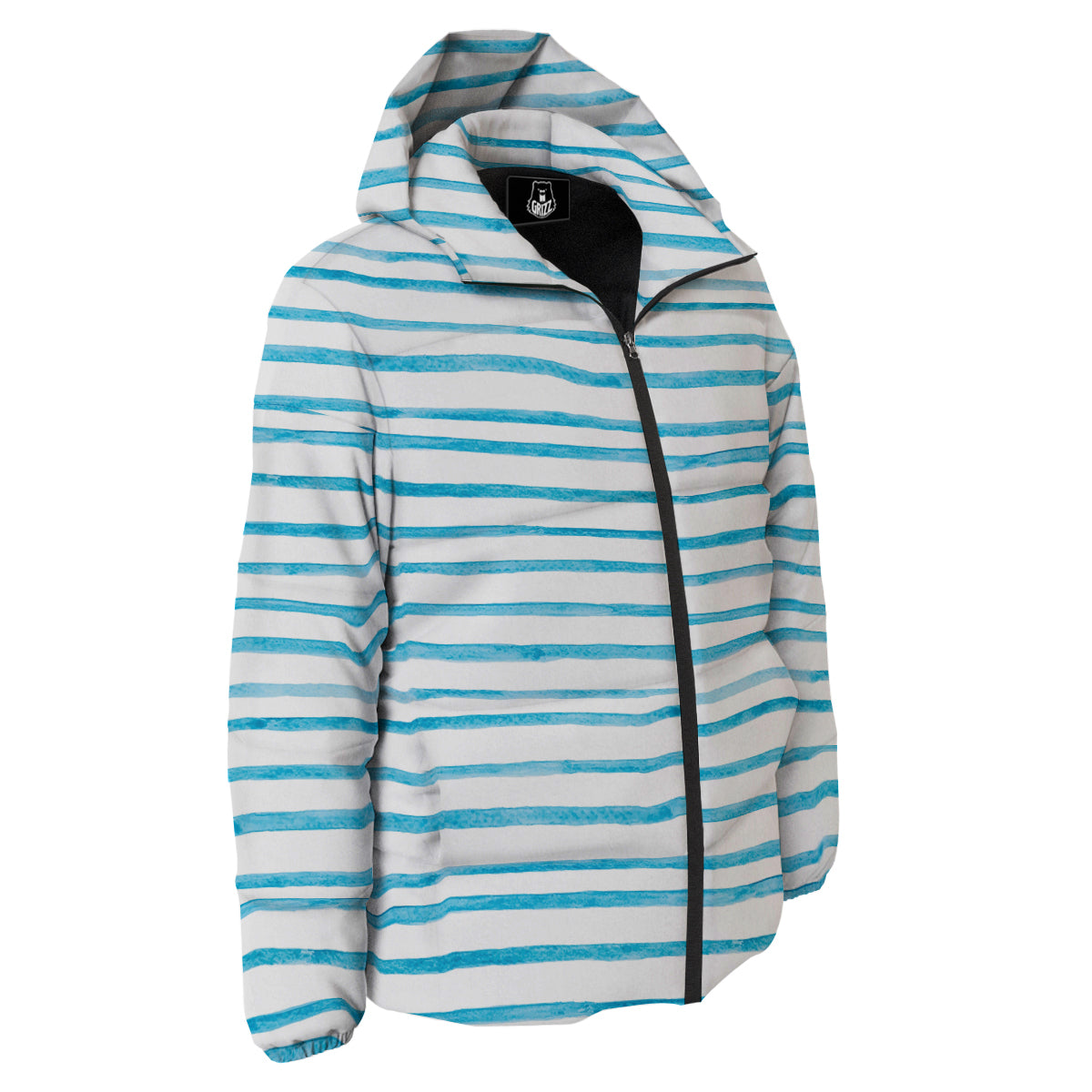 Striped Cyan And White Print Pattern Down Jacket-grizzshop
