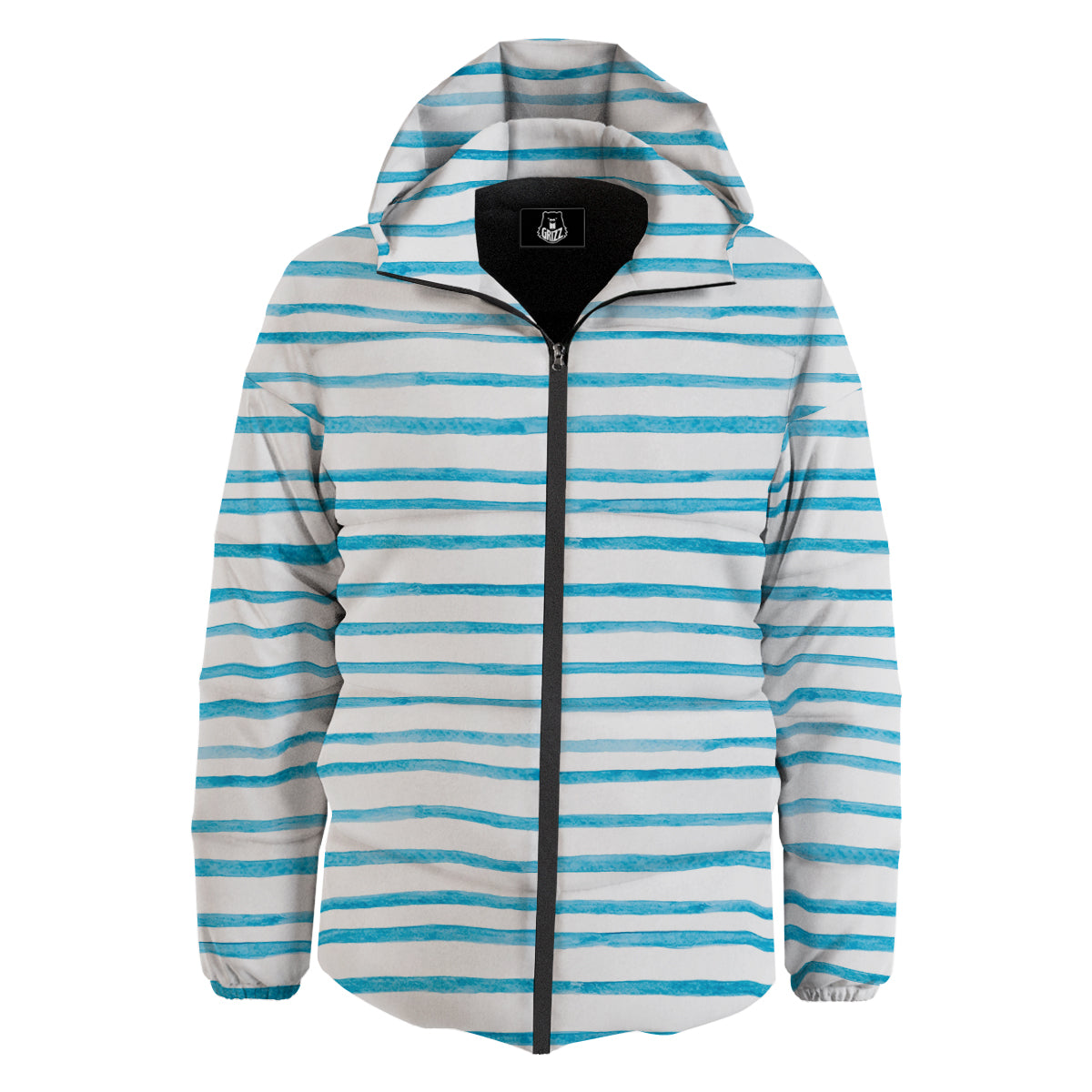 Striped Cyan And White Print Pattern Down Jacket-grizzshop