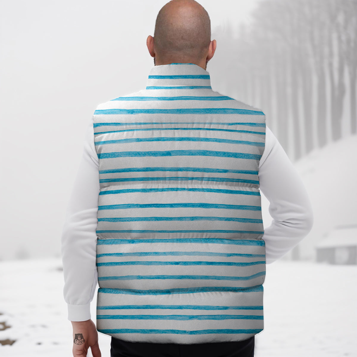 Striped Cyan And White Print Pattern Down Vest