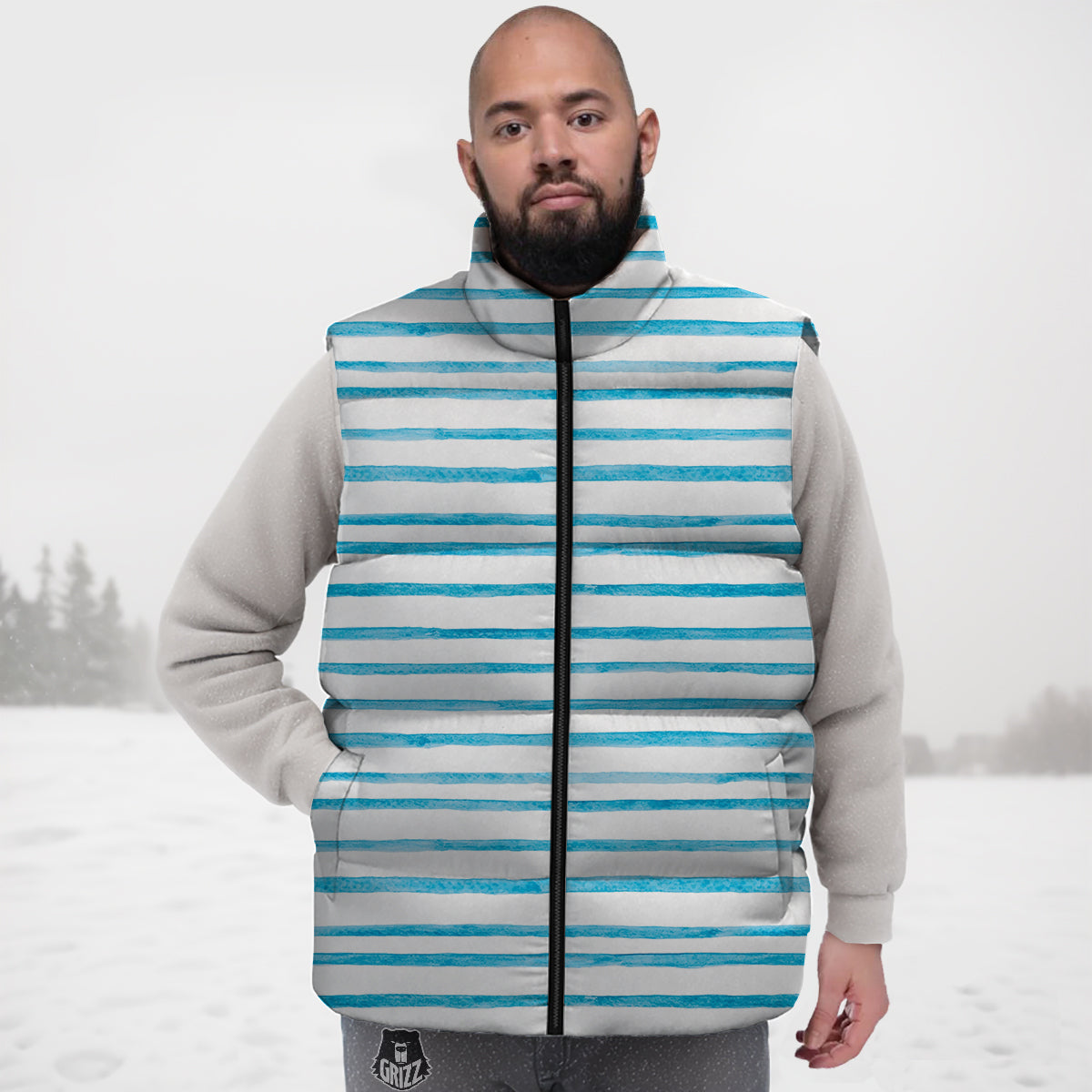 Striped Cyan And White Print Pattern Down Vest