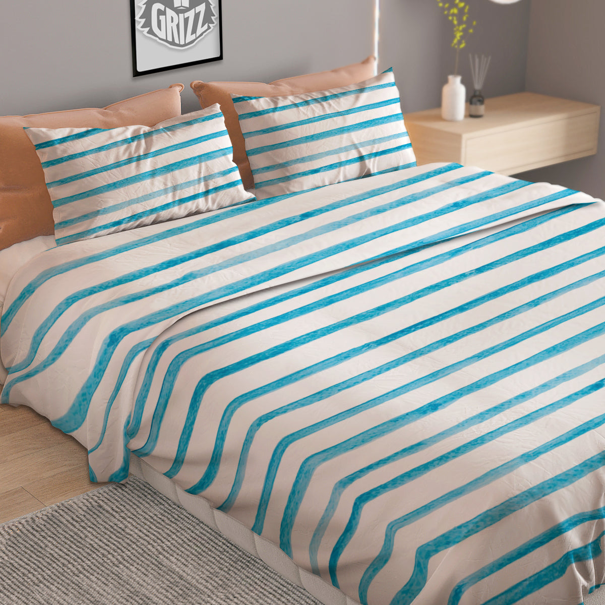 Striped Cyan And White Print Pattern Duvet Cover Bedding Set