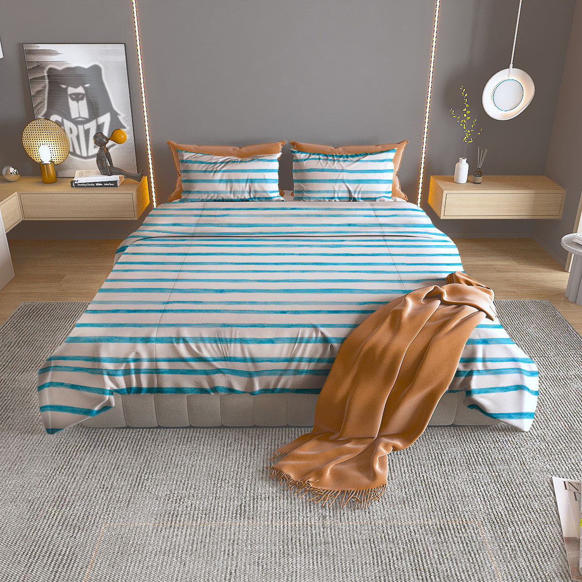 Striped Cyan And White Print Pattern Duvet Cover Bedding Set