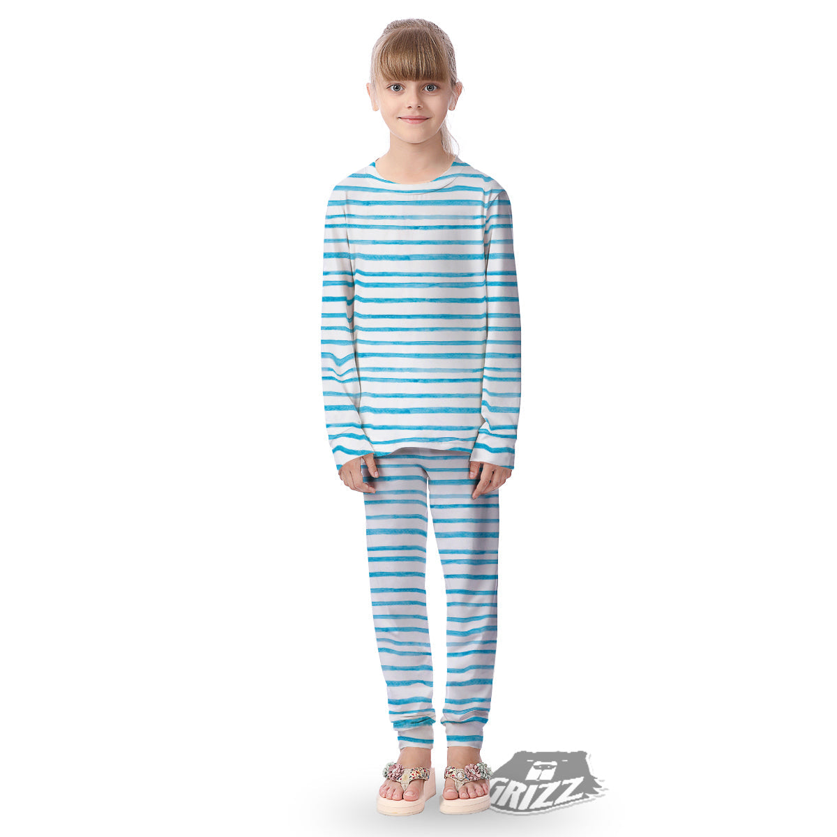 Striped Cyan And White Print Pattern Kid's Pajamas-grizzshop