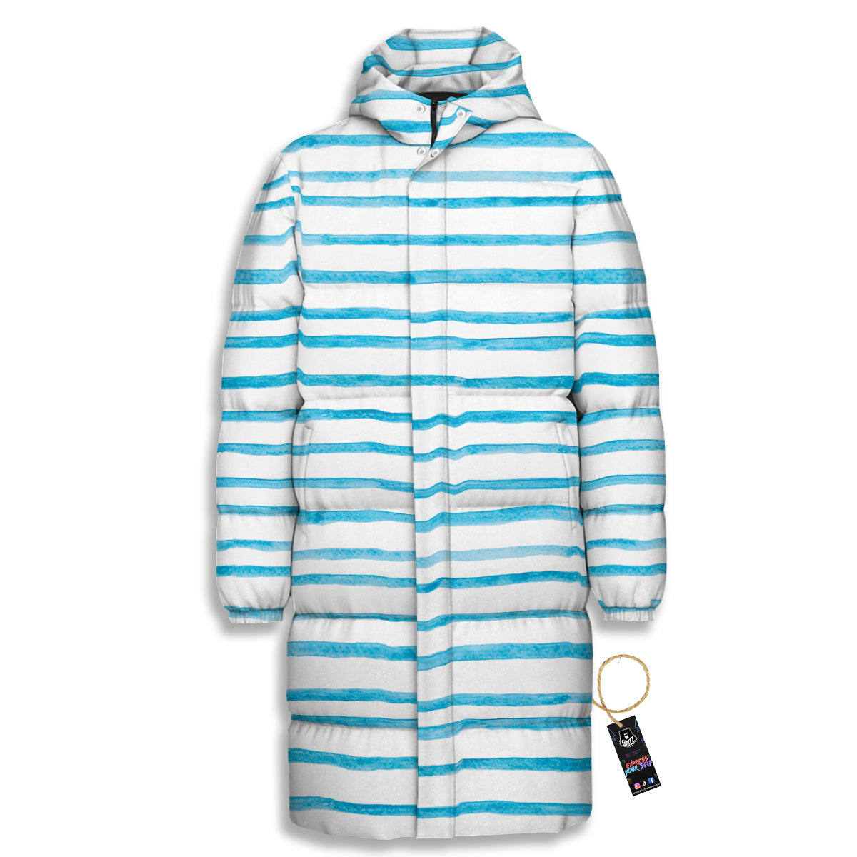 Striped Cyan And White Print Pattern Long Down Jacket-grizzshop