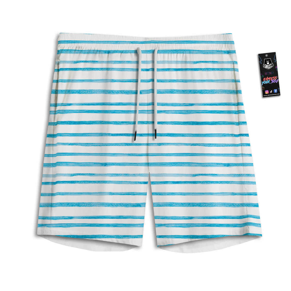 Striped Cyan And White Print Pattern Men's Athletic Shorts