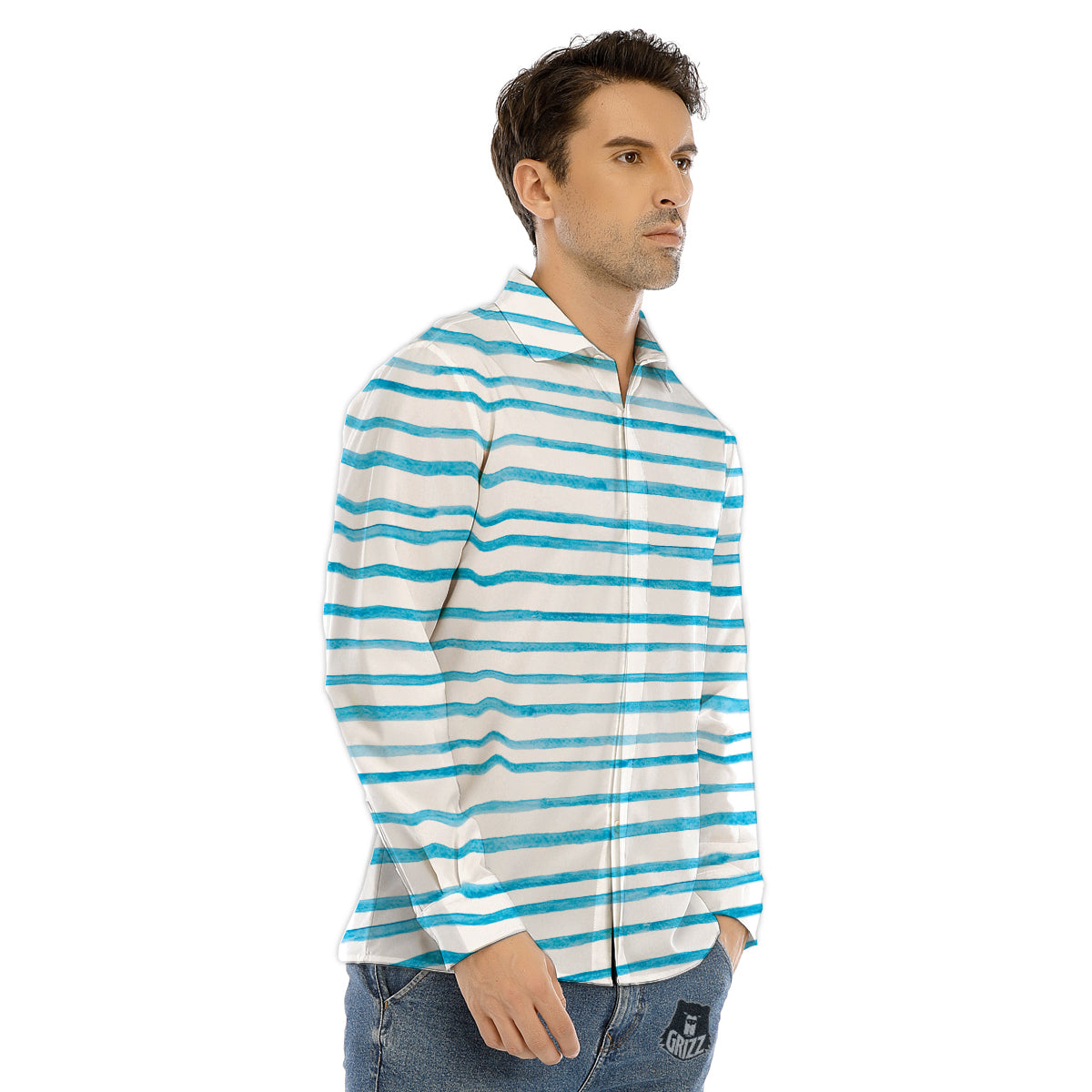 Striped Cyan And White Print Pattern Men's Dress Shirts-grizzshop