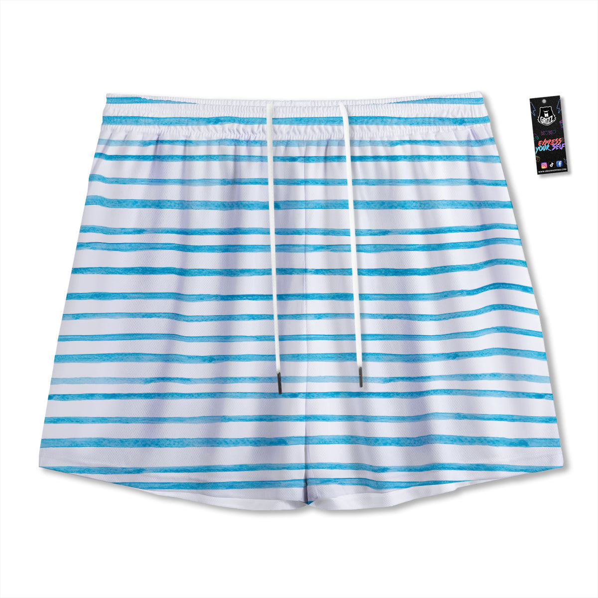Striped Cyan And White Print Pattern Mesh Shorts