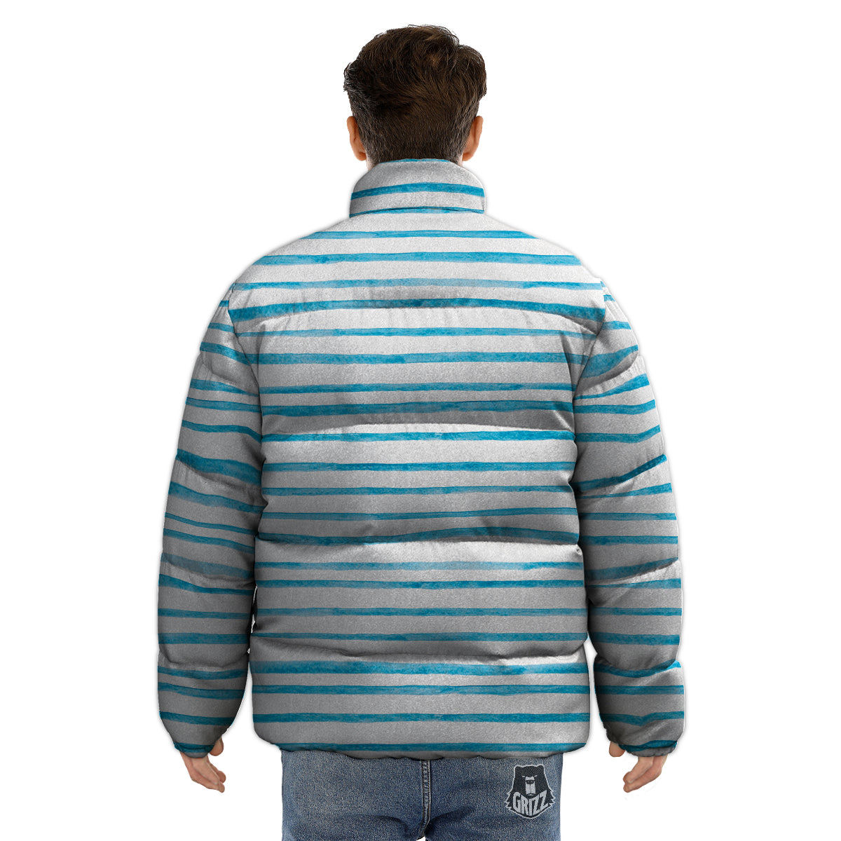 Striped Cyan And White Print Pattern Puffer Jacket-grizzshop