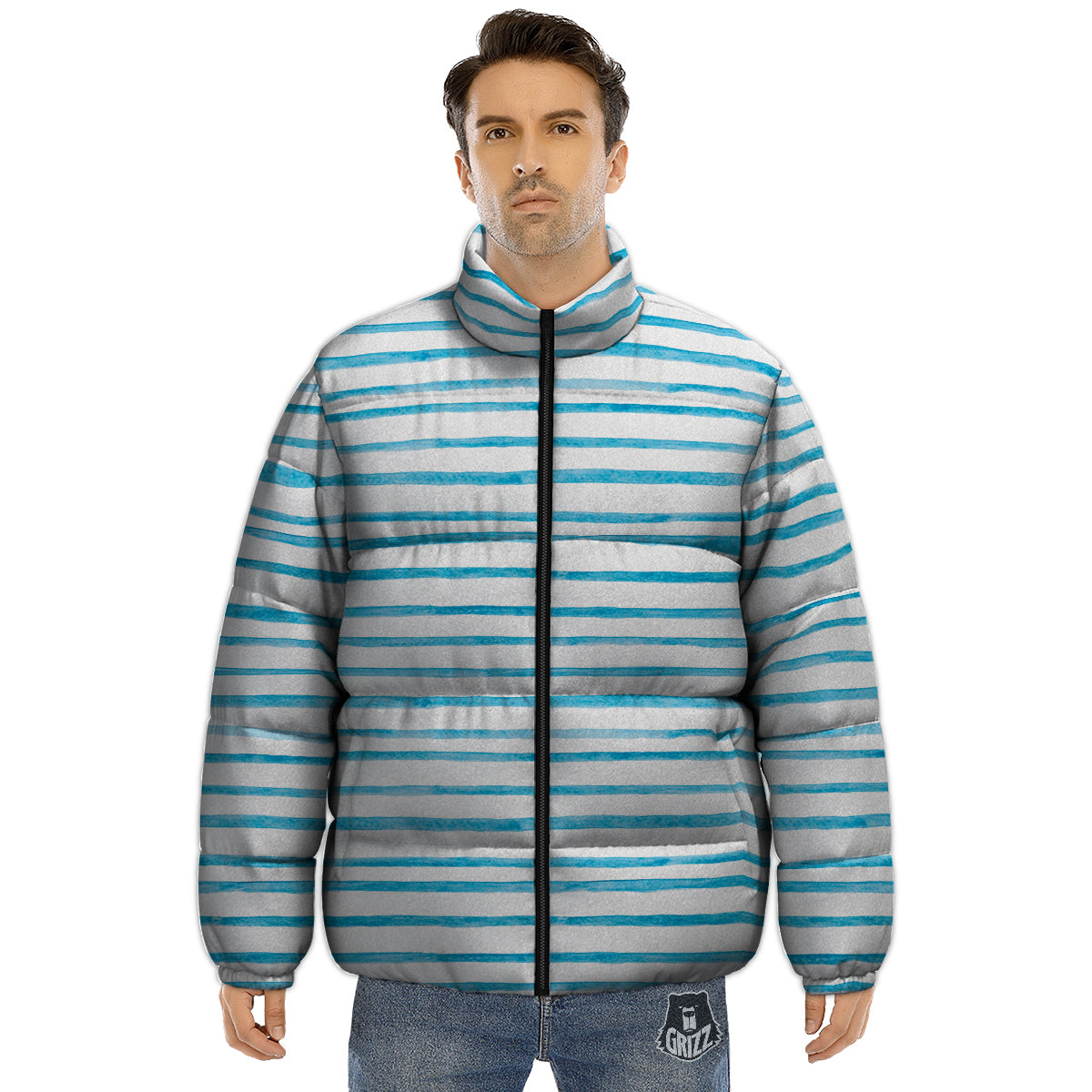 Striped Cyan And White Print Pattern Puffer Jacket-grizzshop