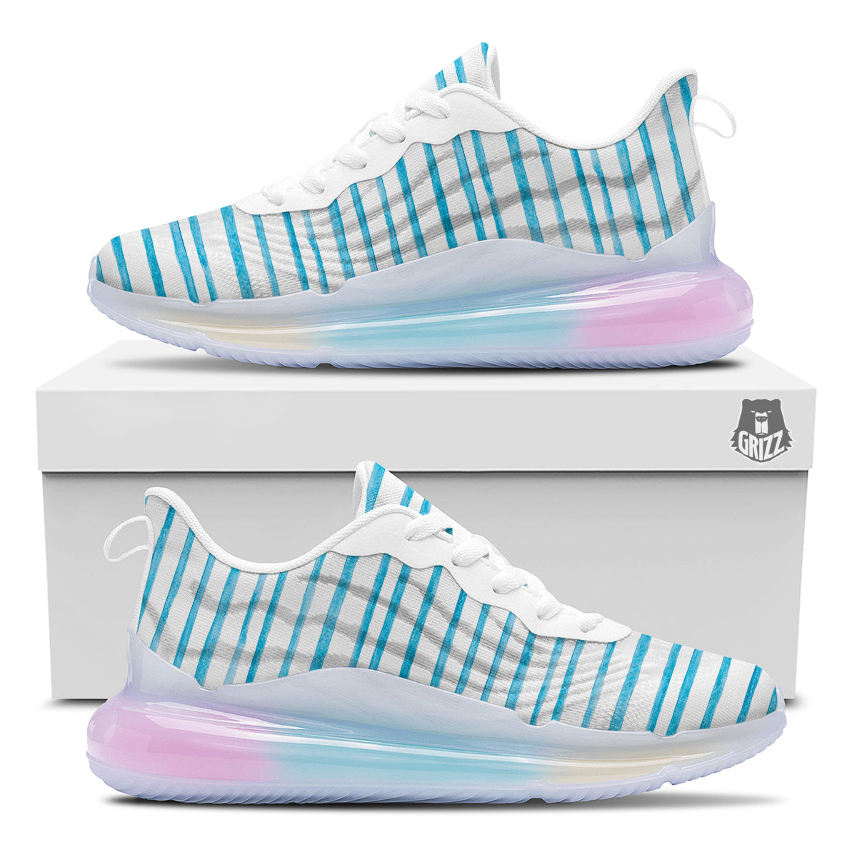Striped Cyan And White Print Pattern Running Sneakers-grizzshop