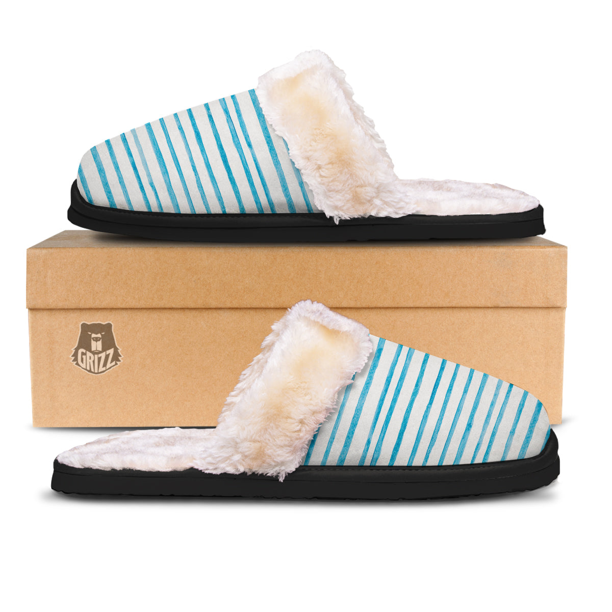 Striped Cyan And White Print Pattern Slippers-grizzshop