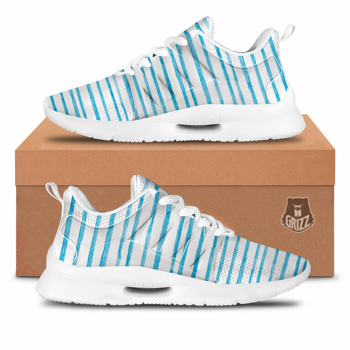 Striped Cyan And White Print Pattern Tennis Shoes-grizzshop