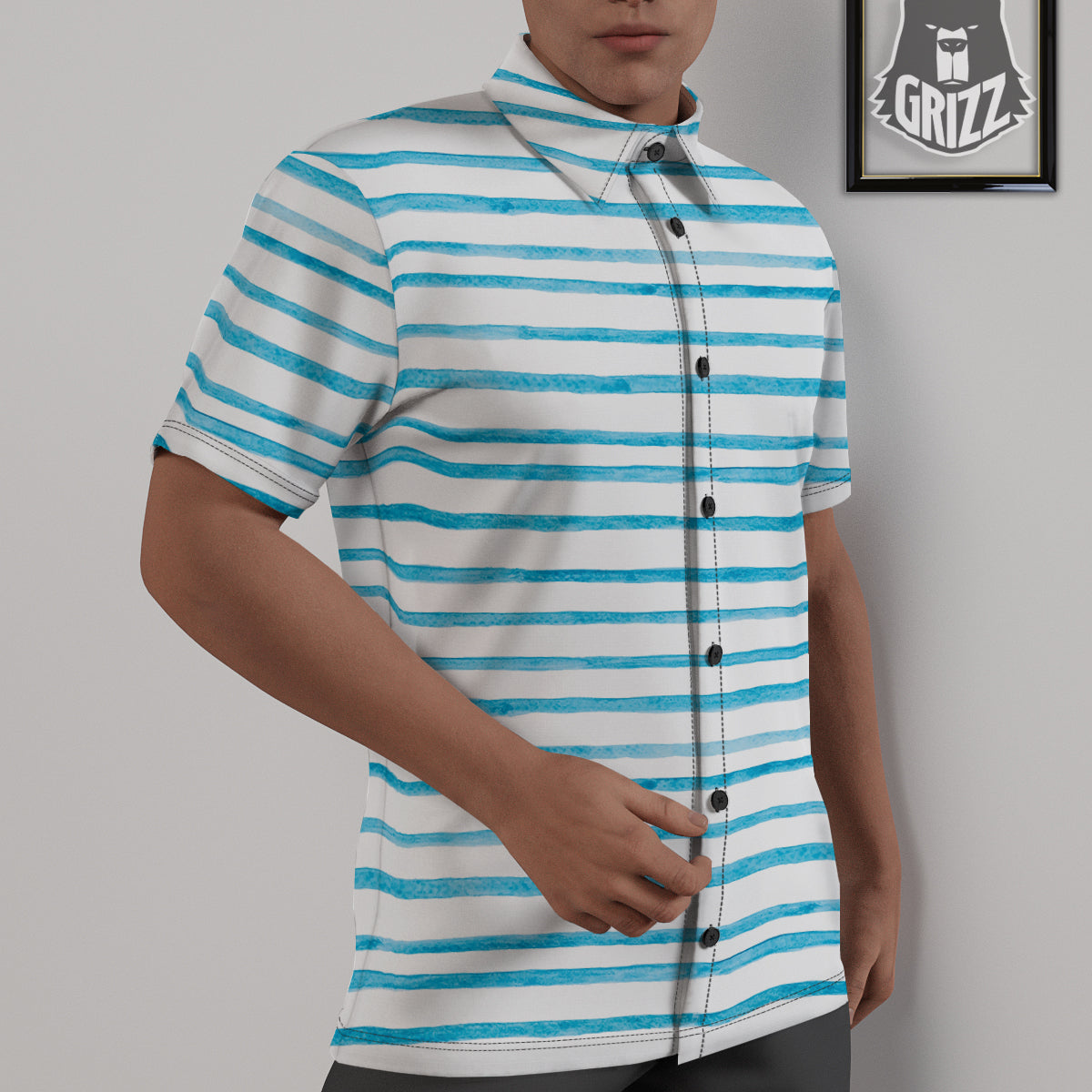 Striped Cyan And White Print Pattern Untucked Shirts-grizzshop