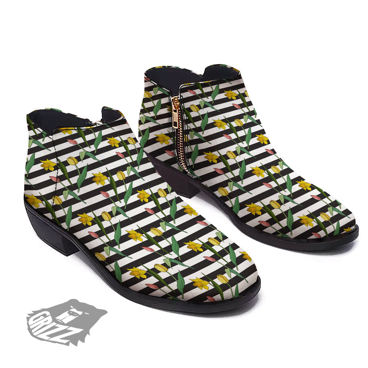Striped Daffodil Yellow Print Pattern Ankle Boots-grizzshop
