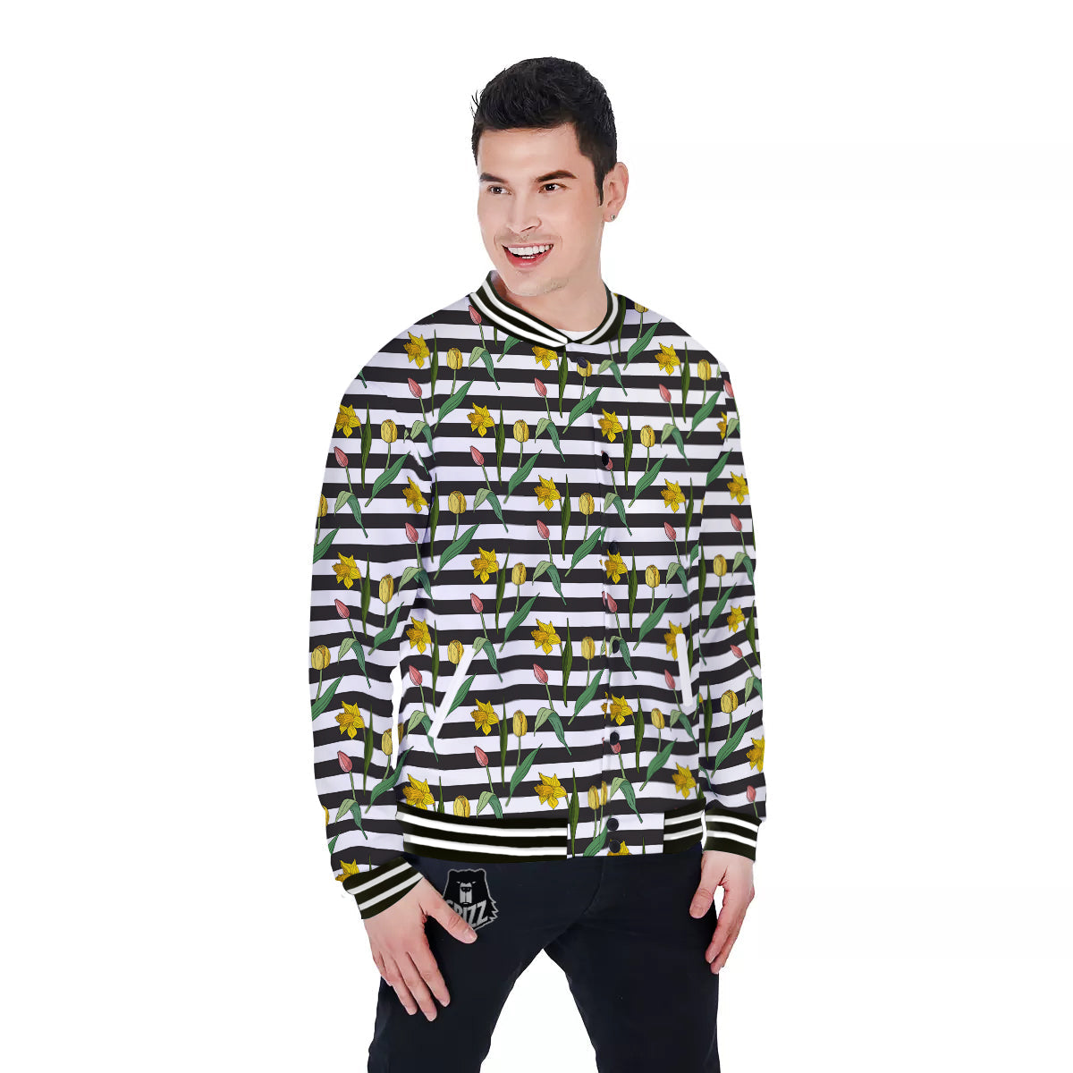 Striped Daffodil Yellow Print Pattern Baseball Jacket-grizzshop