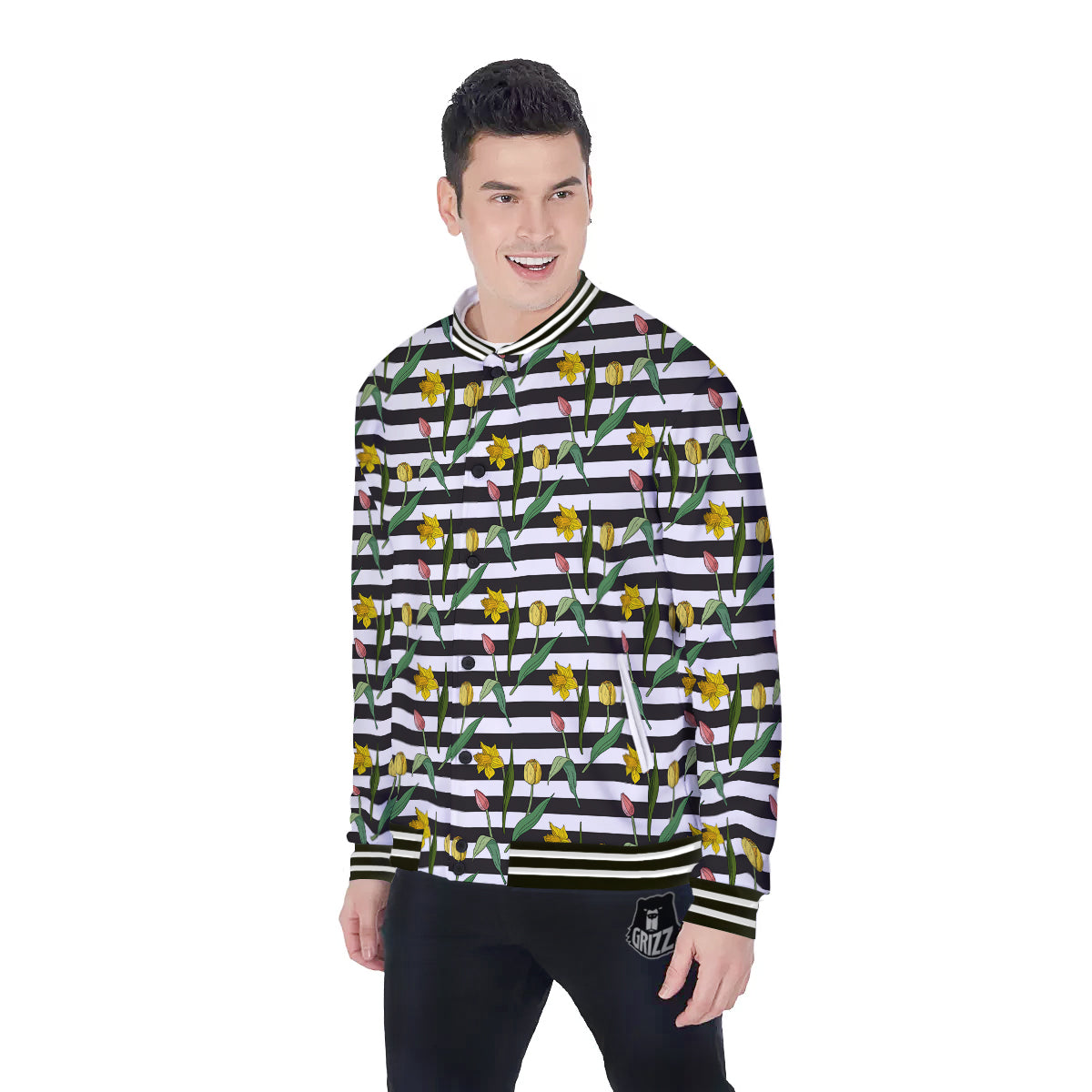 Striped Daffodil Yellow Print Pattern Baseball Jacket-grizzshop