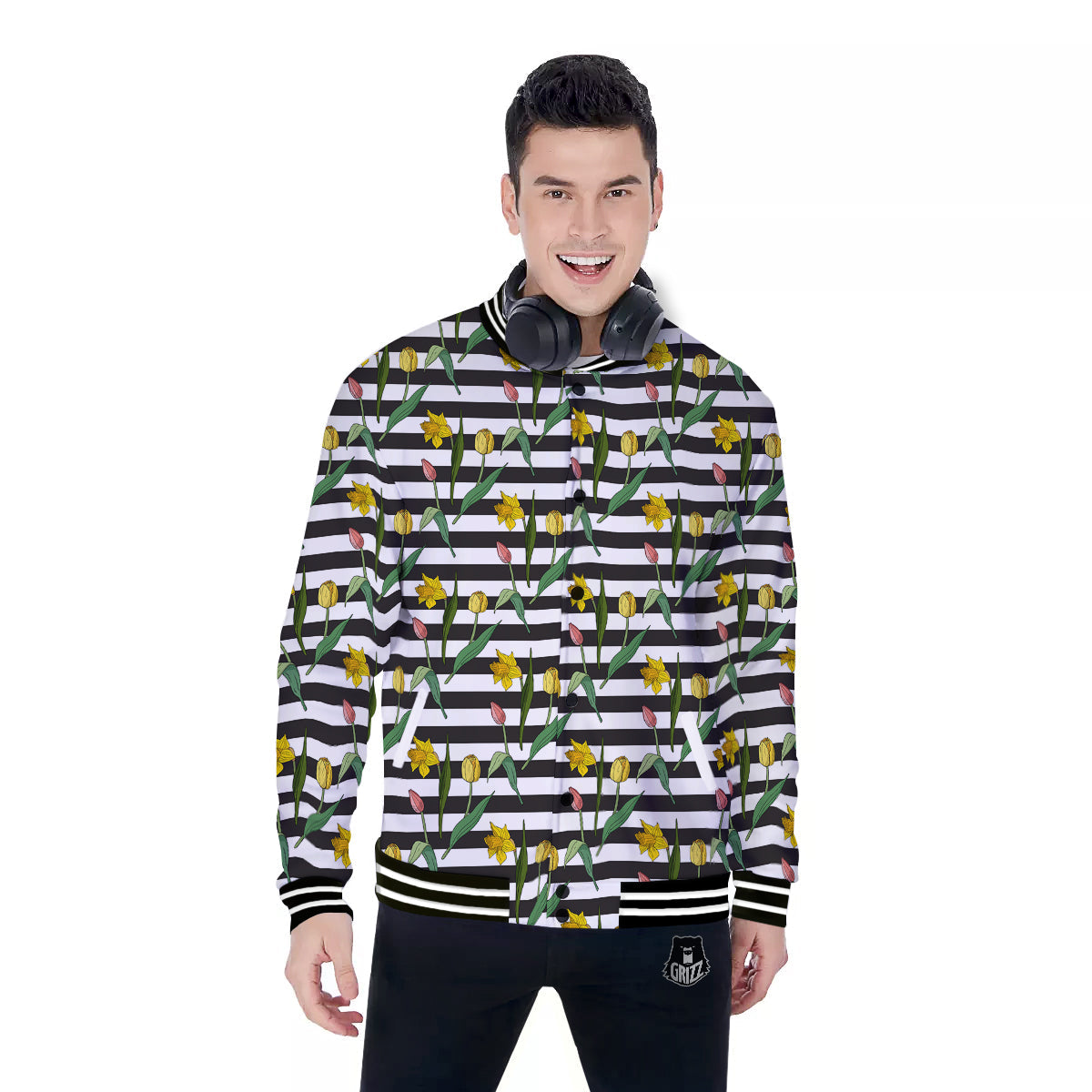 Striped Daffodil Yellow Print Pattern Baseball Jacket-grizzshop