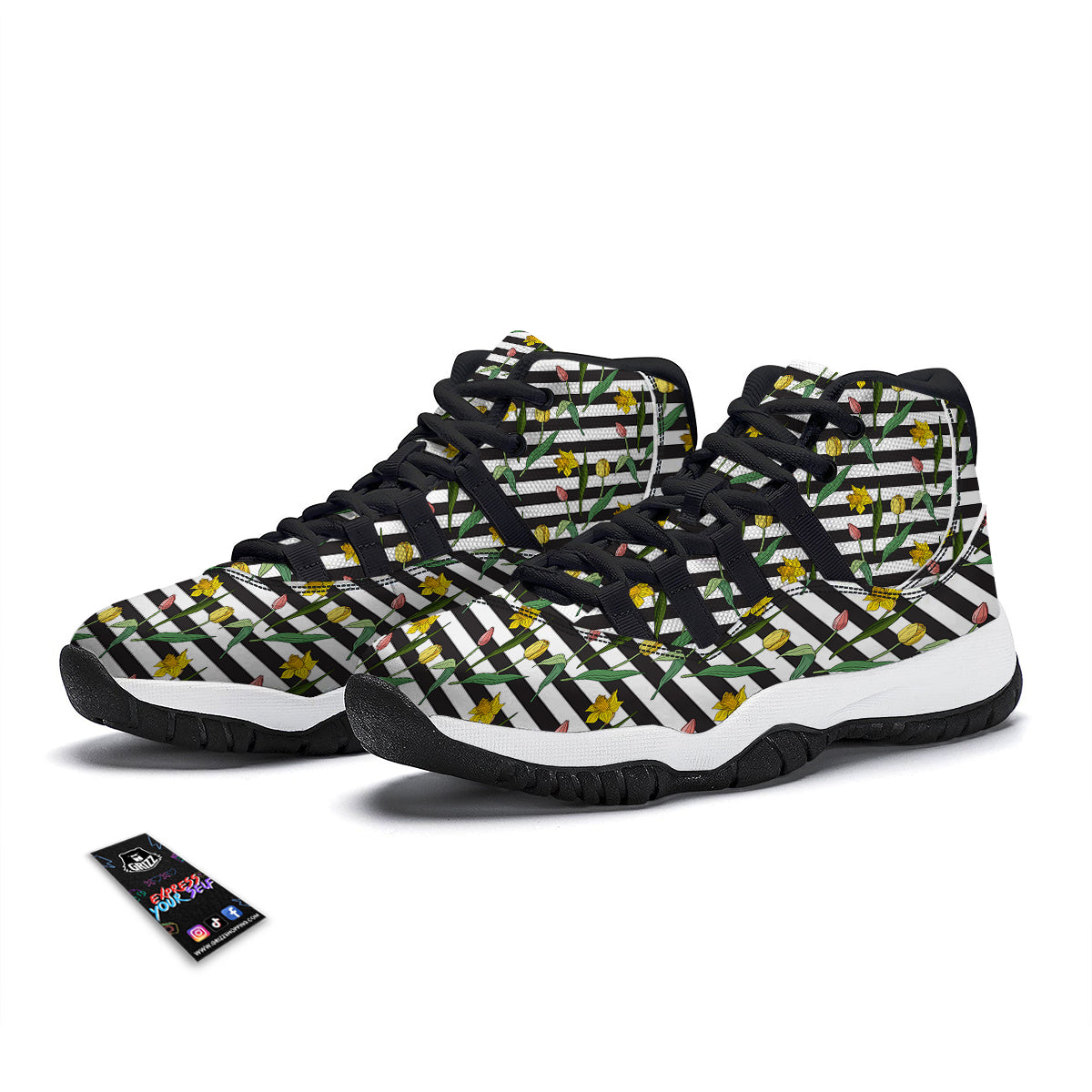 Striped Daffodil Yellow Print Pattern Black Bball Shoes-grizzshop