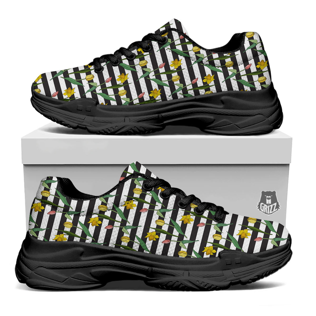 Striped Daffodil Yellow Print Pattern Black Chunky Shoes-grizzshop