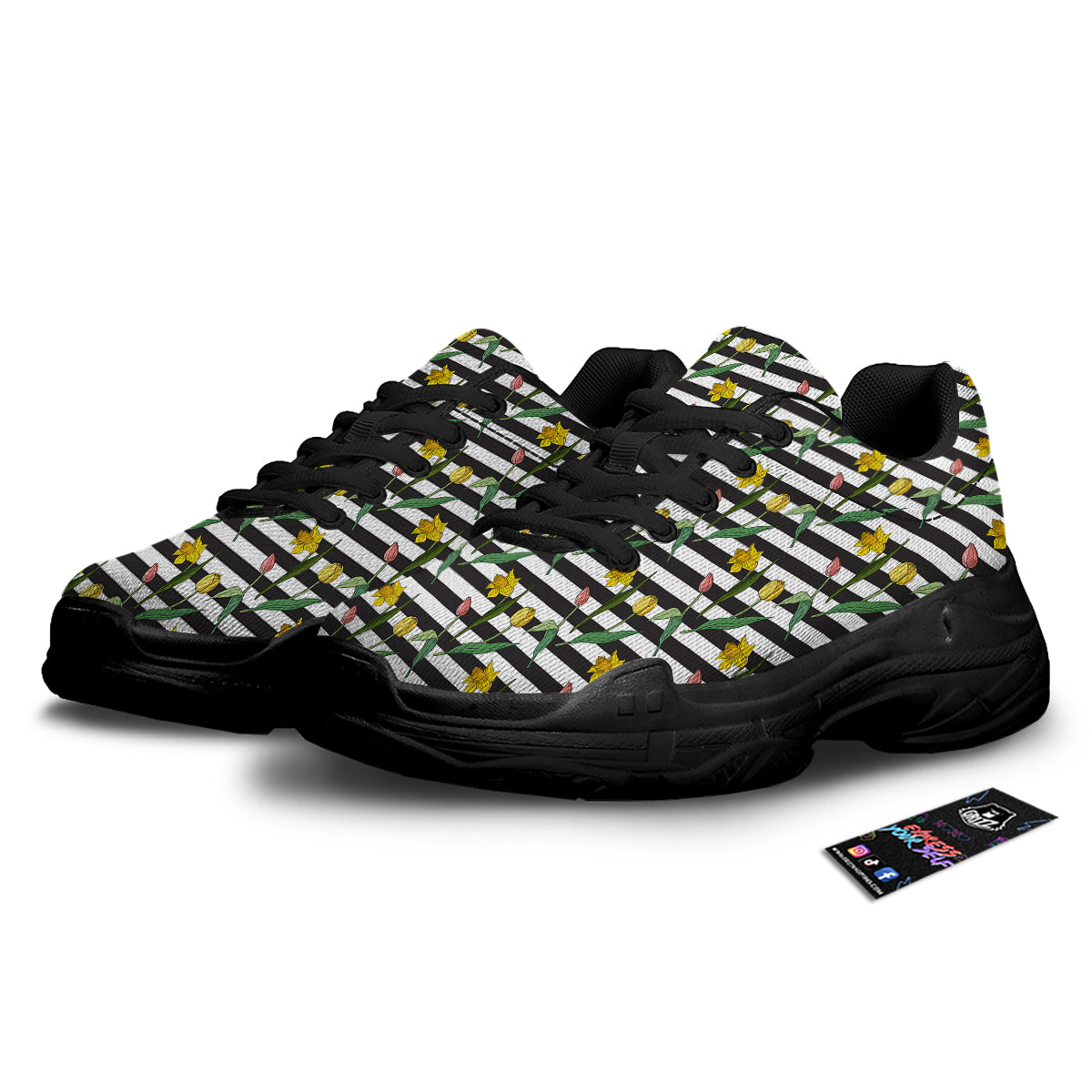 Striped Daffodil Yellow Print Pattern Black Chunky Shoes-grizzshop