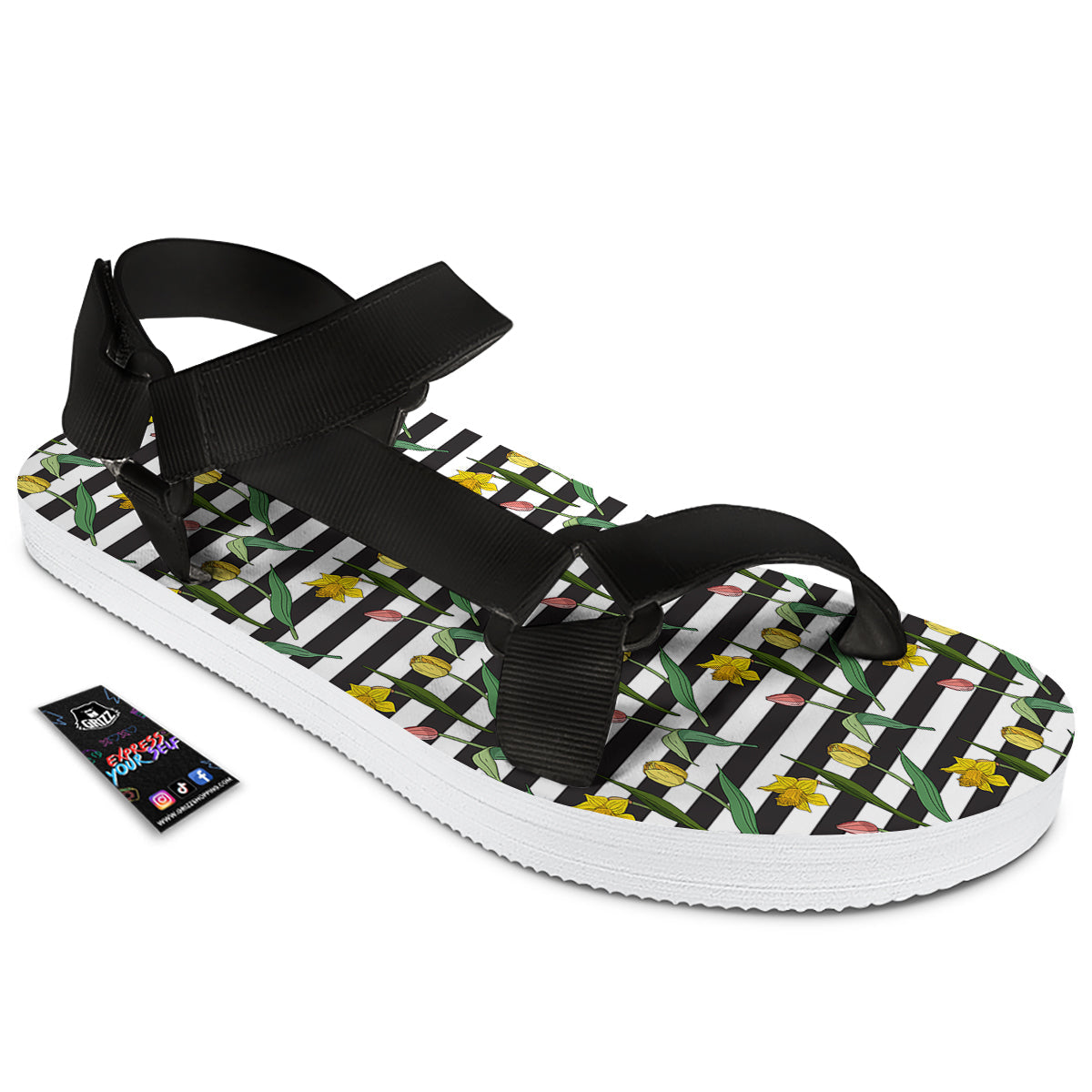 Striped Daffodil Yellow Print Pattern Black Open Toe Sandals-grizzshop
