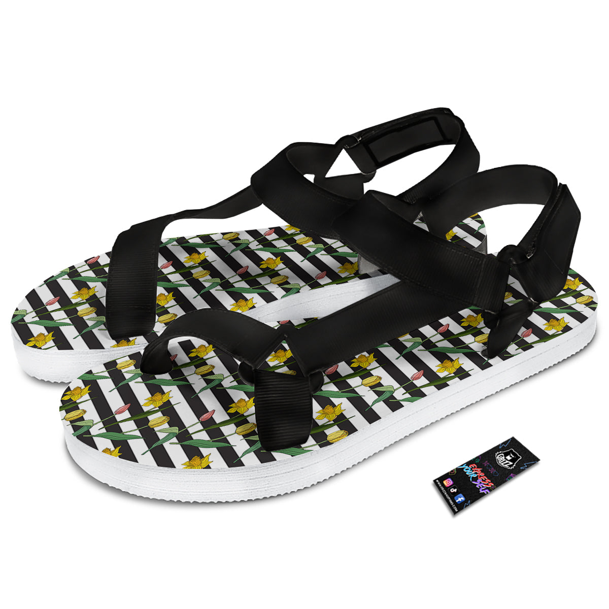 Striped Daffodil Yellow Print Pattern Black Open Toe Sandals-grizzshop