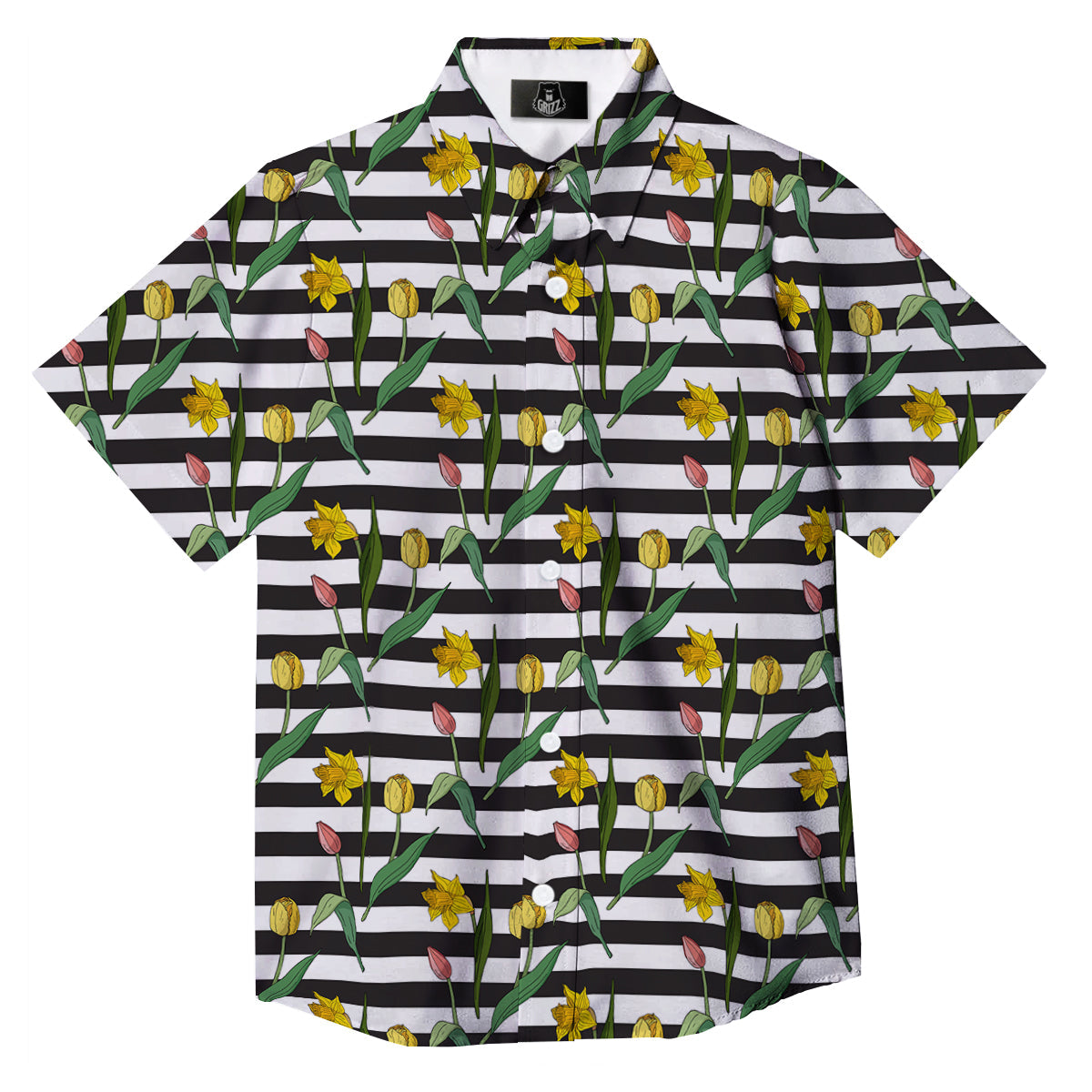 Striped Daffodil Yellow Print Pattern Button Up Shirt-grizzshop