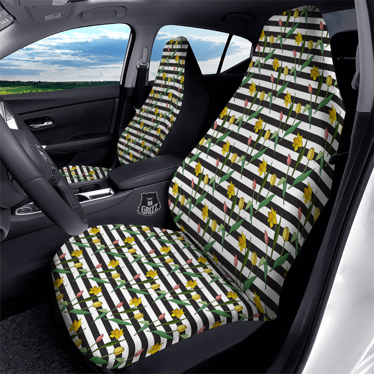 Striped Daffodil Yellow Print Pattern Car Seat Covers-grizzshop