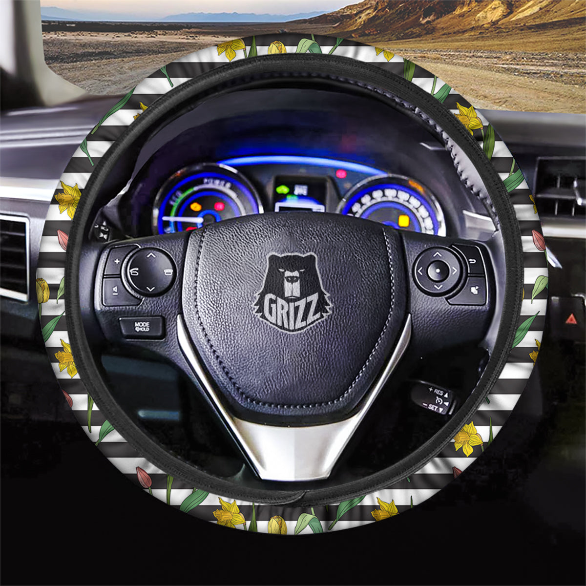 Striped Daffodil Yellow Print Pattern Car Steering Wheel Cover-grizzshop