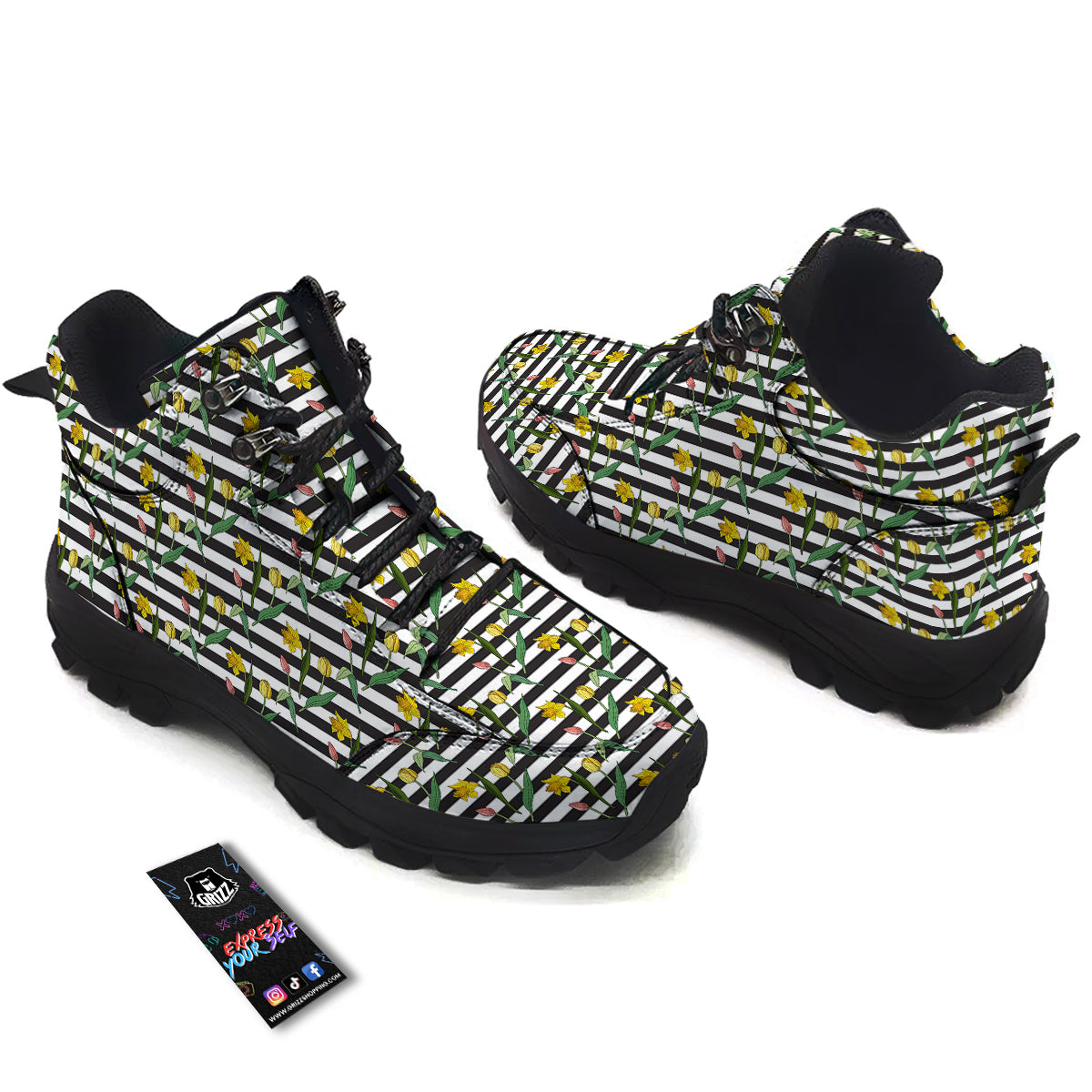 Striped Daffodil Yellow Print Pattern Hiking Shoes-grizzshop