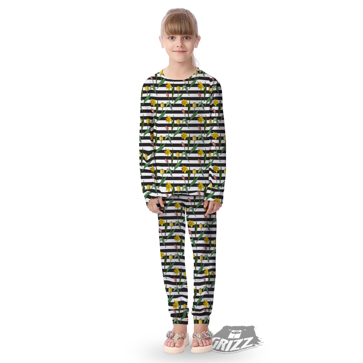 Striped Daffodil Yellow Print Pattern Kid's Pajamas-grizzshop