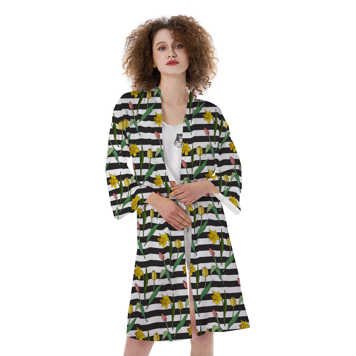 Striped Daffodil Yellow Print Pattern Kimono-grizzshop