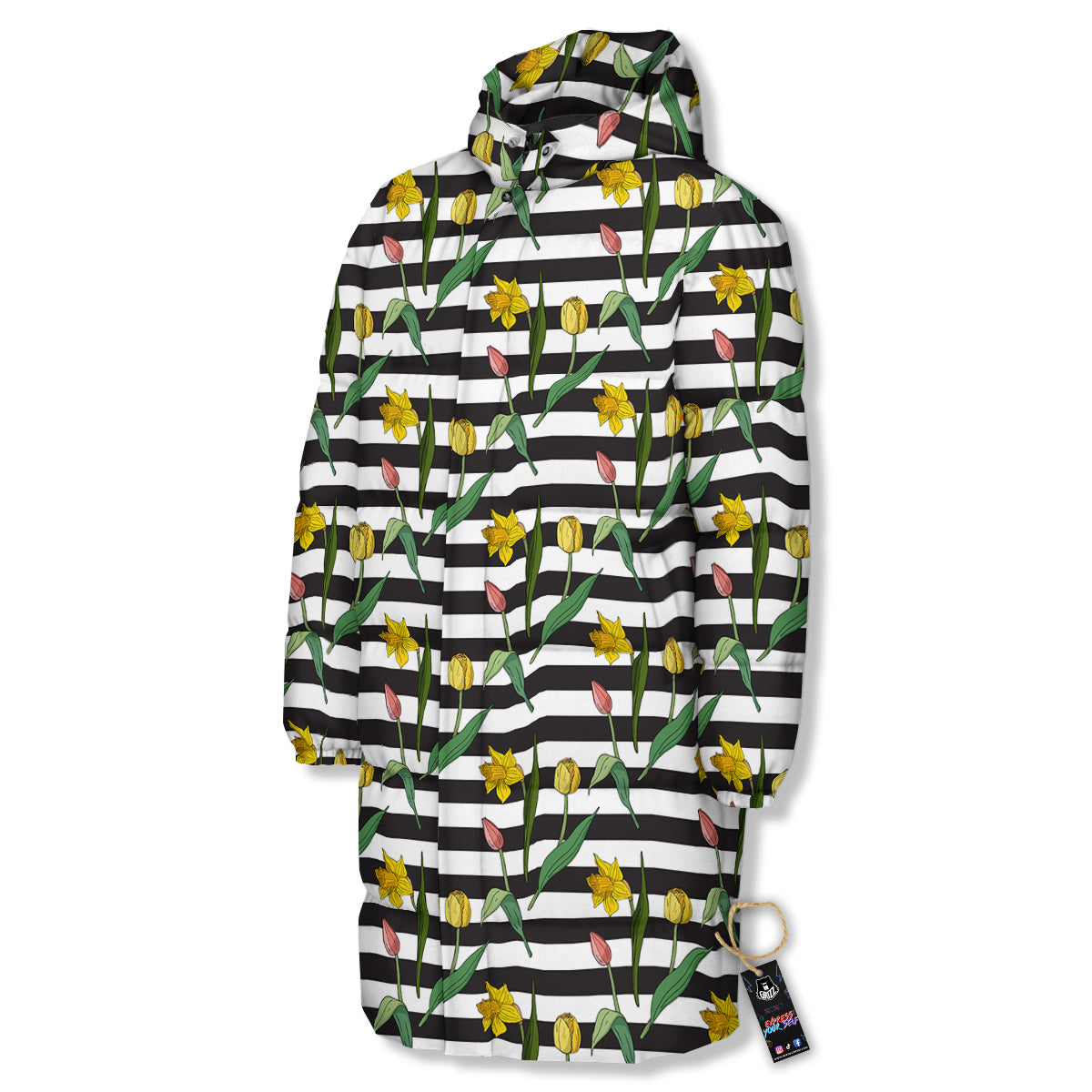 Striped Daffodil Yellow Print Pattern Long Down Jacket-grizzshop