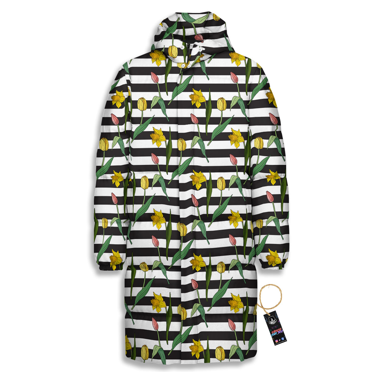 Striped Daffodil Yellow Print Pattern Long Down Jacket-grizzshop
