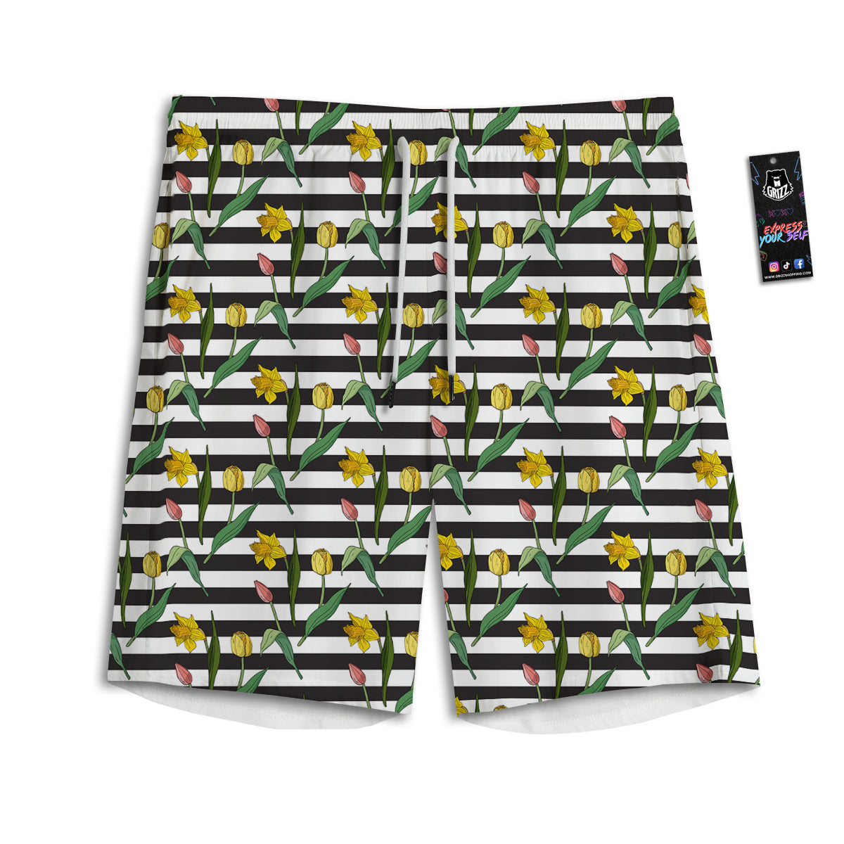 Striped Daffodil Yellow Print Pattern Men's Athletic Shorts