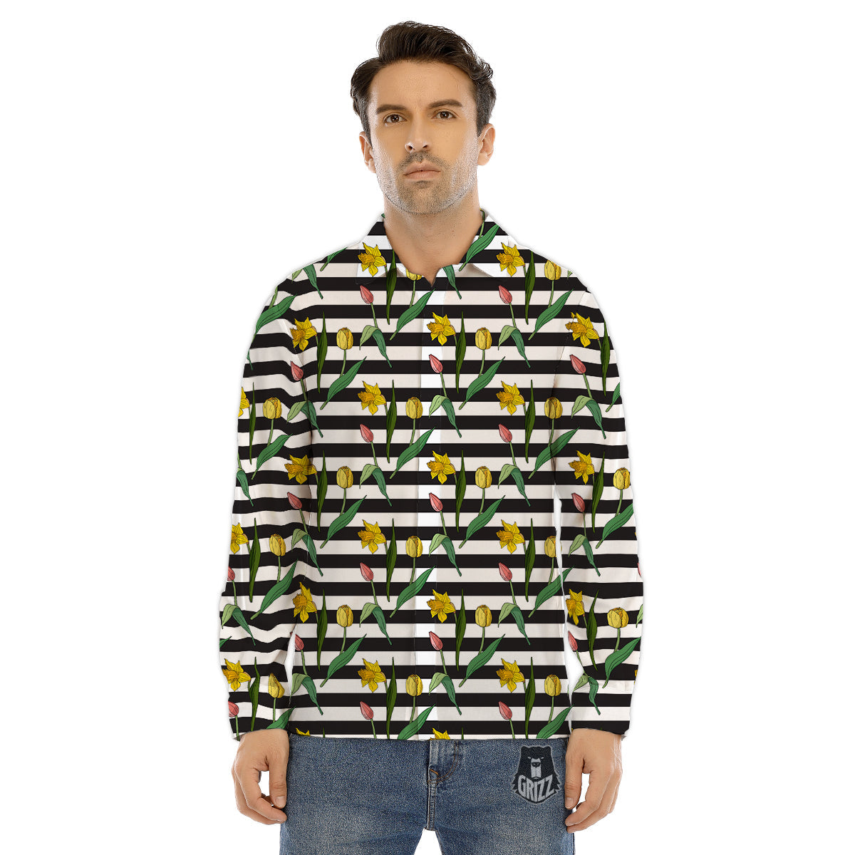 Striped Daffodil Yellow Print Pattern Men's Dress Shirts-grizzshop