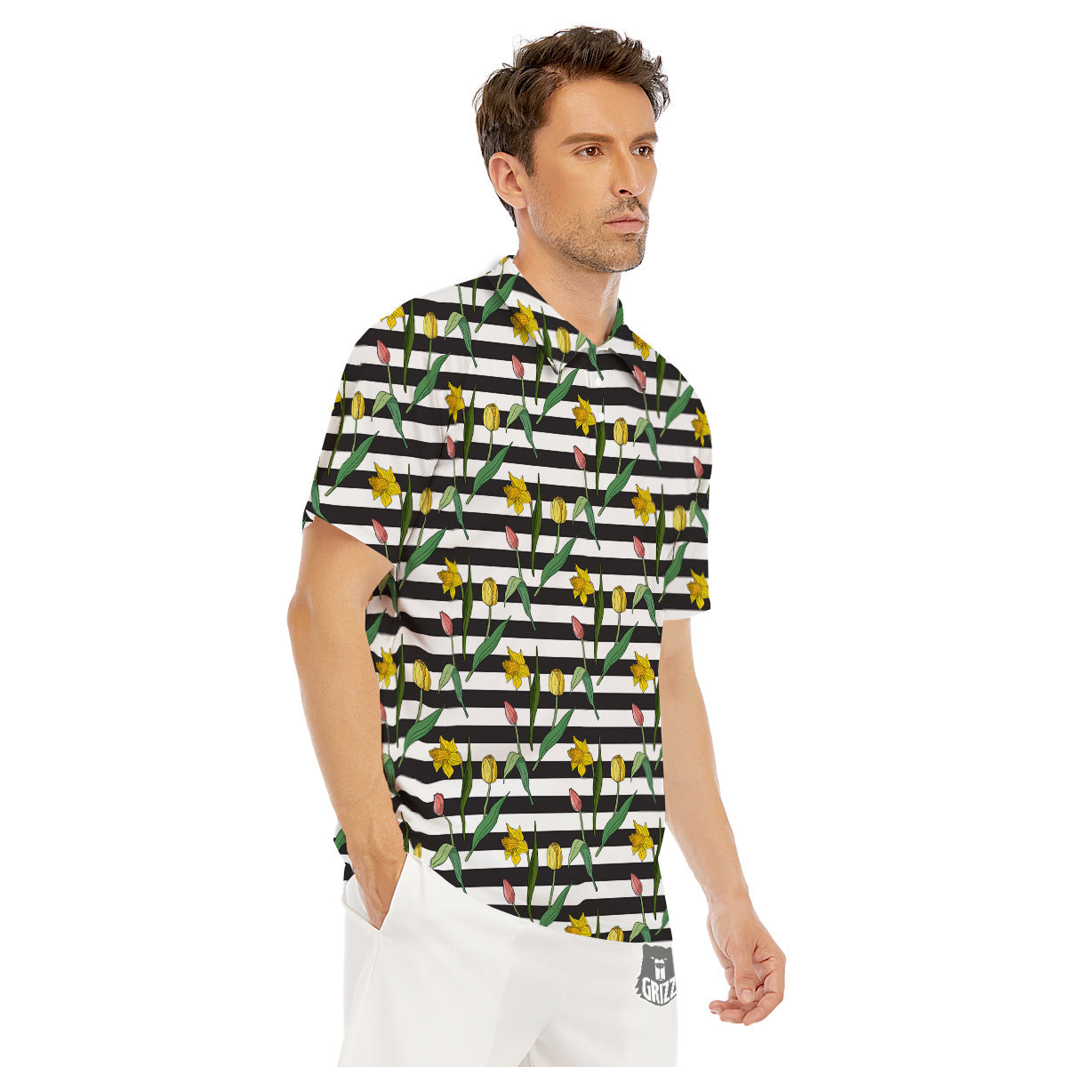Striped Daffodil Yellow Print Pattern Men's Golf Shirts-grizzshop