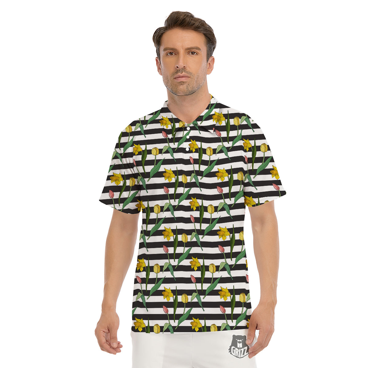 Striped Daffodil Yellow Print Pattern Men's Golf Shirts-grizzshop