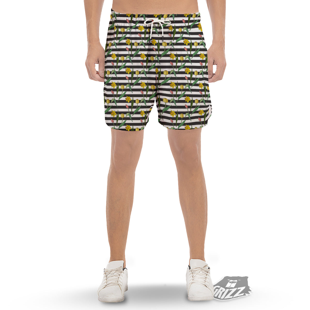 Striped Daffodil Yellow Print Pattern Men's Gym Shorts-grizzshop